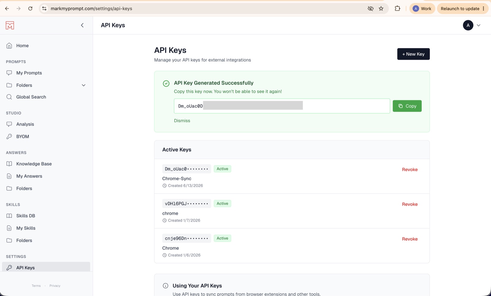 Mark My Prompt API Keys page showing a newly generated key with a Copy button