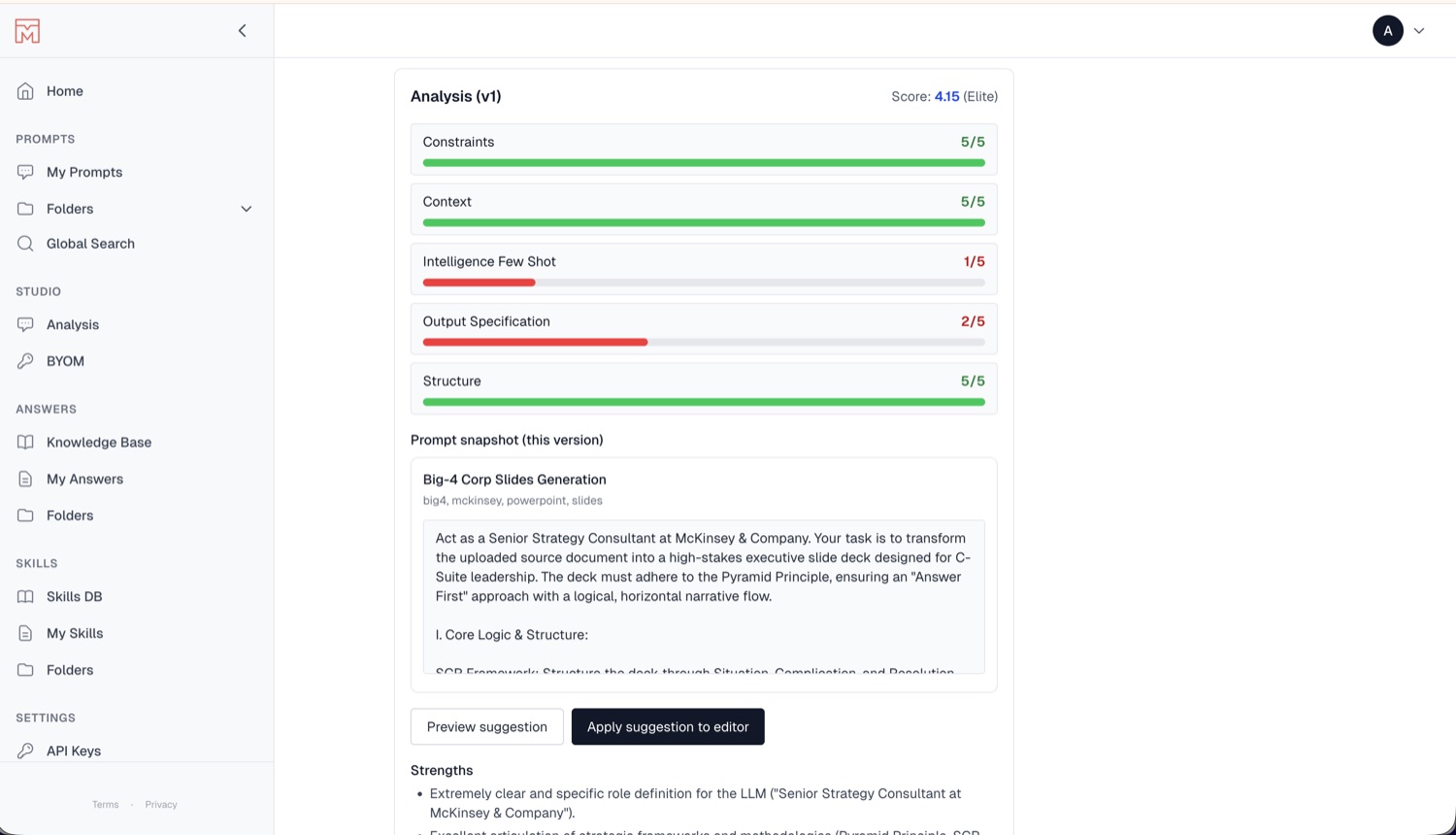 AI prompt quality analysis with an overall score and per-dimension breakdown