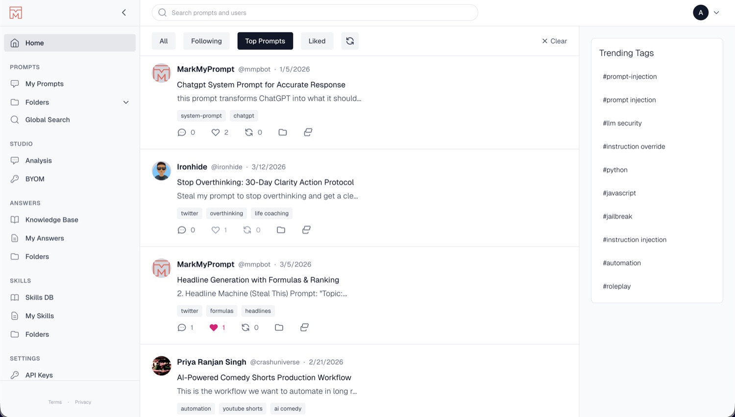 A public feed of shared prompts with trending tags